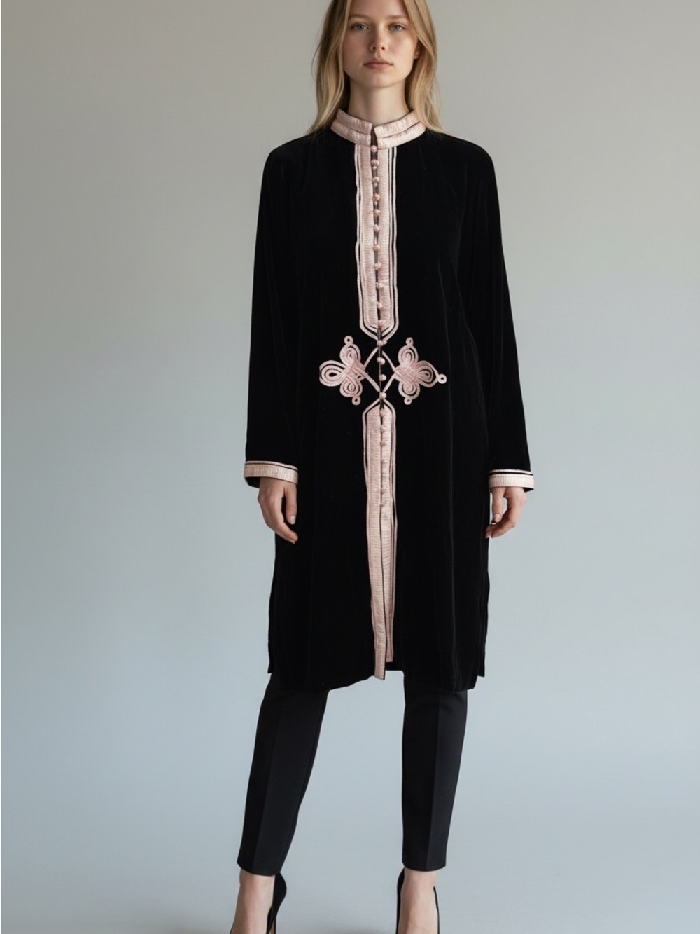 Black Velvet Tunic with Pink Silk Ribbon Trim